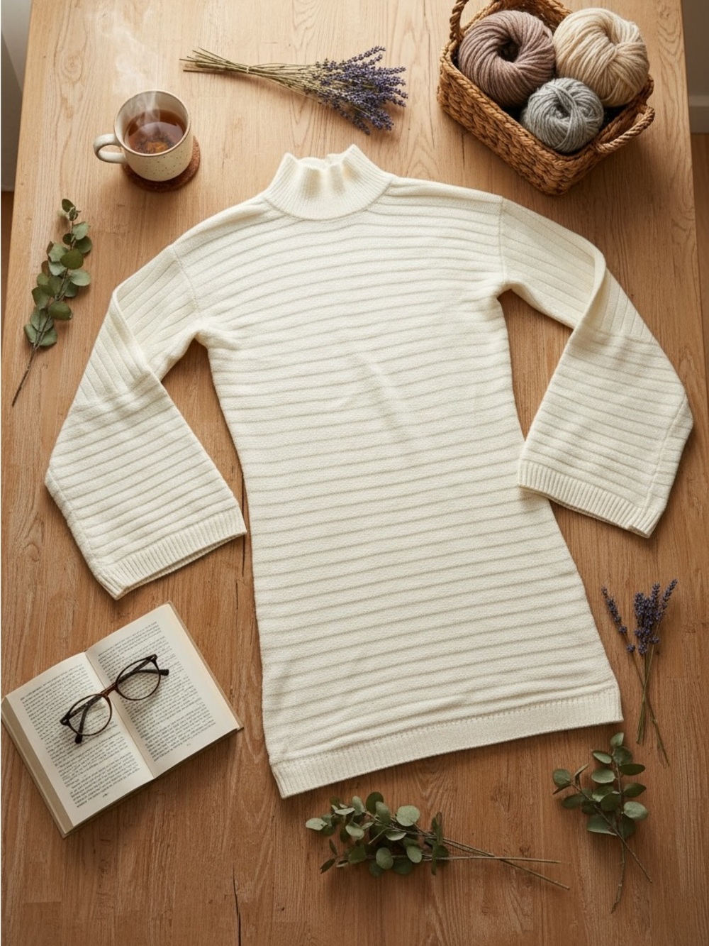 SHEIN Cream Ribbed Mock Neck Long Sleeve Sweater Dress